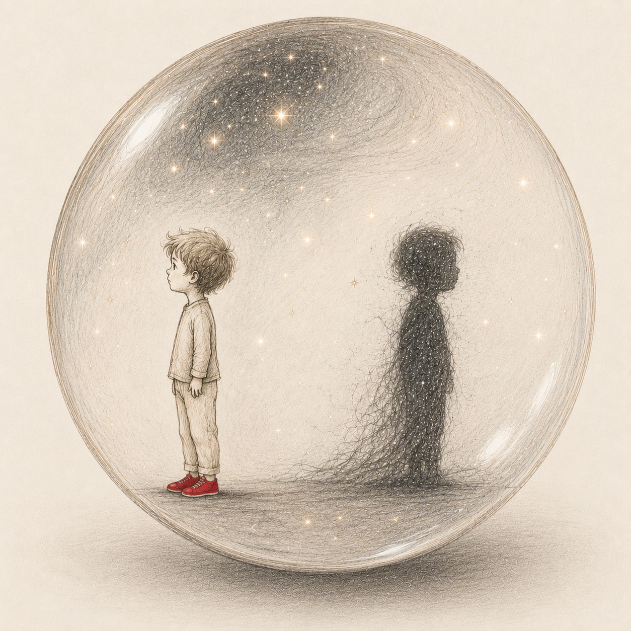 Illustrazione: un bambino dentro una bolla trasparente osserva la propria ombra sotto un cielo di stelle