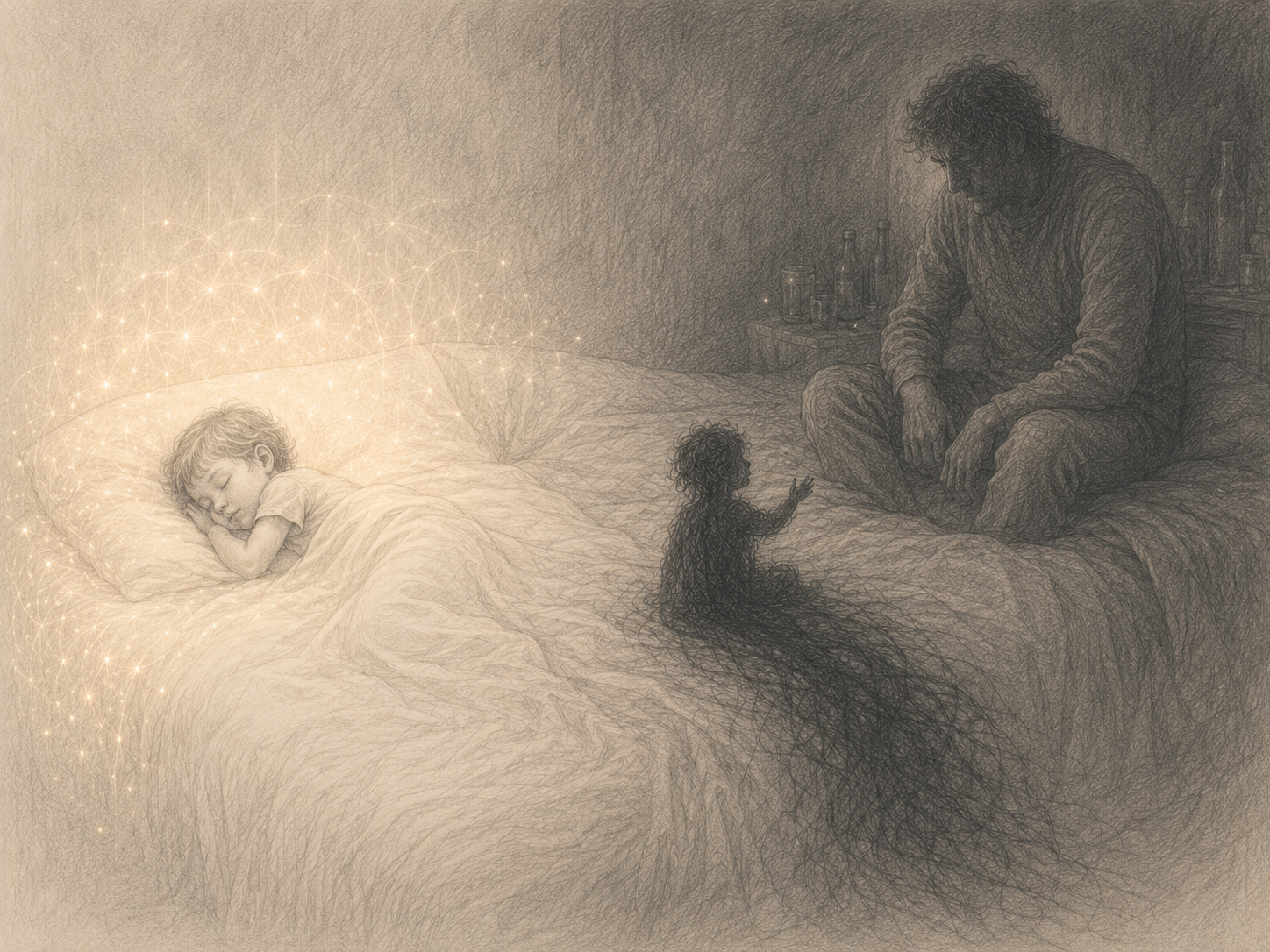 Il piccolo Solomon J. dorme avvolto da una luce dorata mentre la sua ombra dialoga con la grande figura del padre nel buio