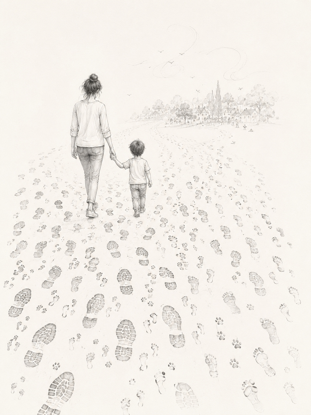 Una mamma cammina lungo un sentiero con il piccolo Mongai