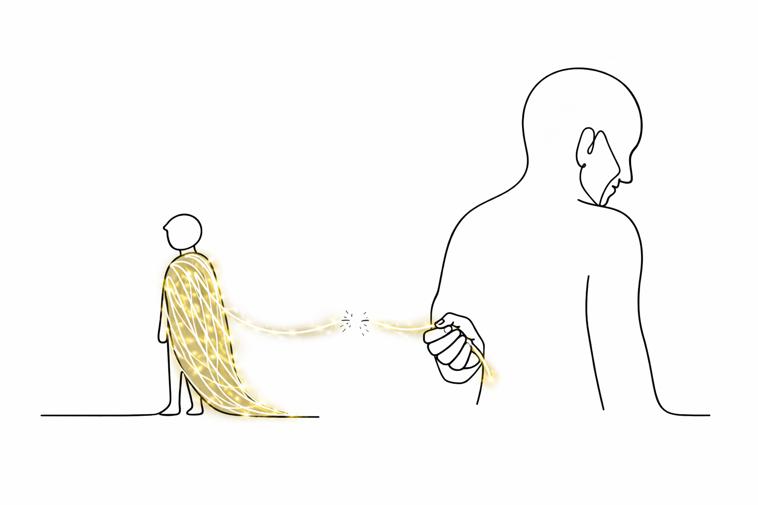 Illustrazione: un bambino avvolto da un mantello di luce dorata di fronte alla figura del padre che tiene un filo luminoso spezzato