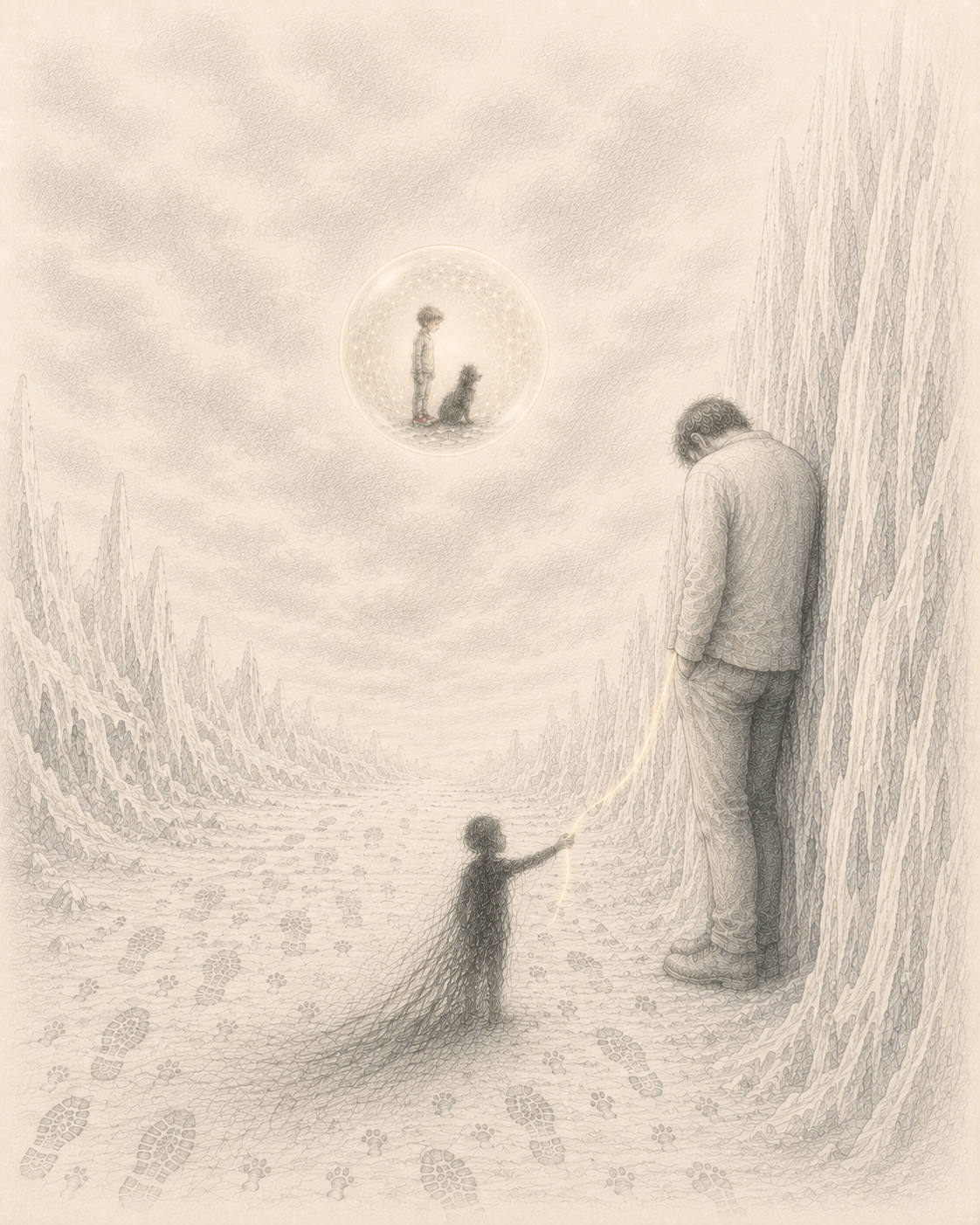 Illustrazione: un adulto di spalle e un bambino d'ombra uniti da un filo luminoso, con una bolla nel cielo