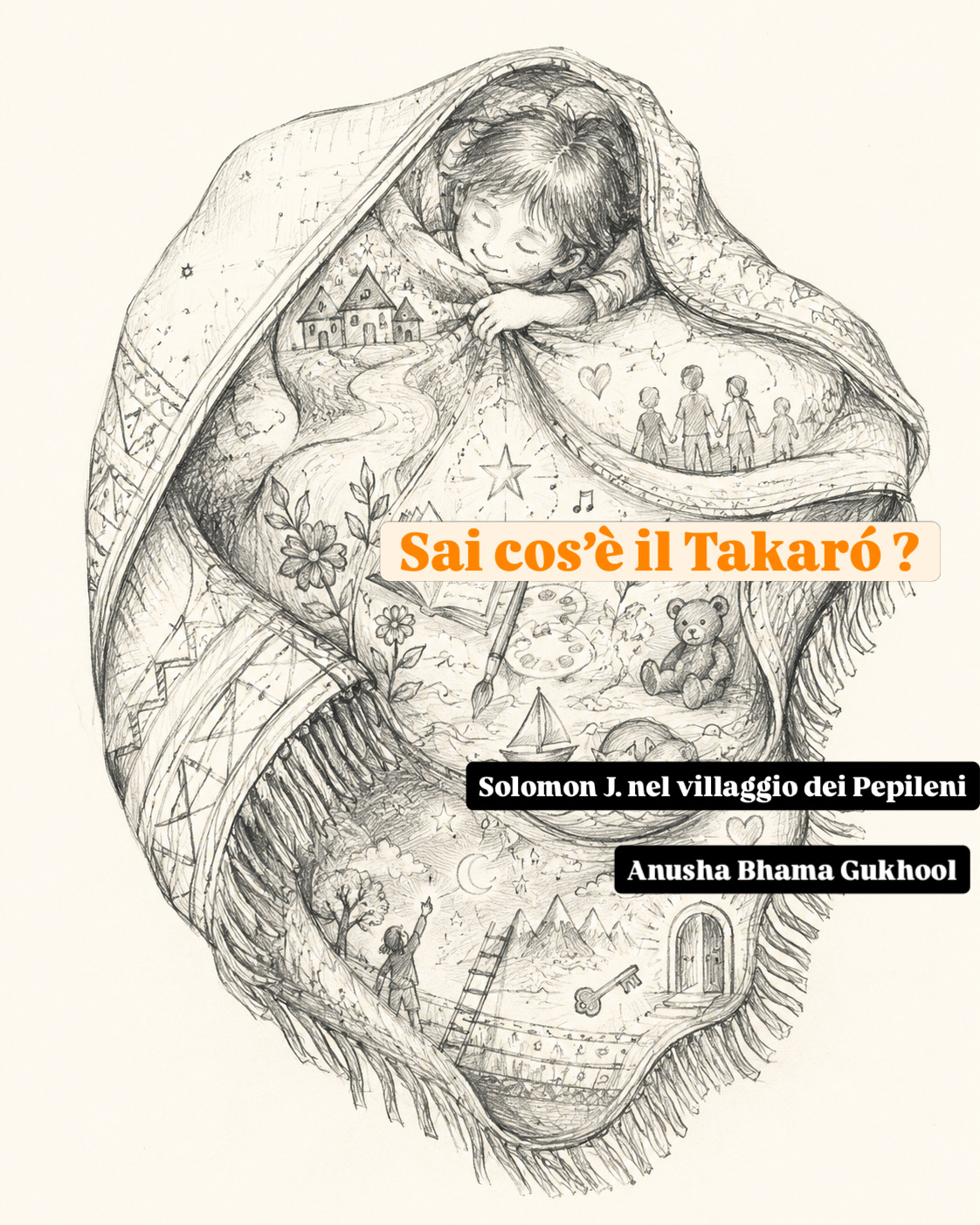 Illustrazione del Takaró: un bambino avvolto in una coperta ricamata di immagini e sogni