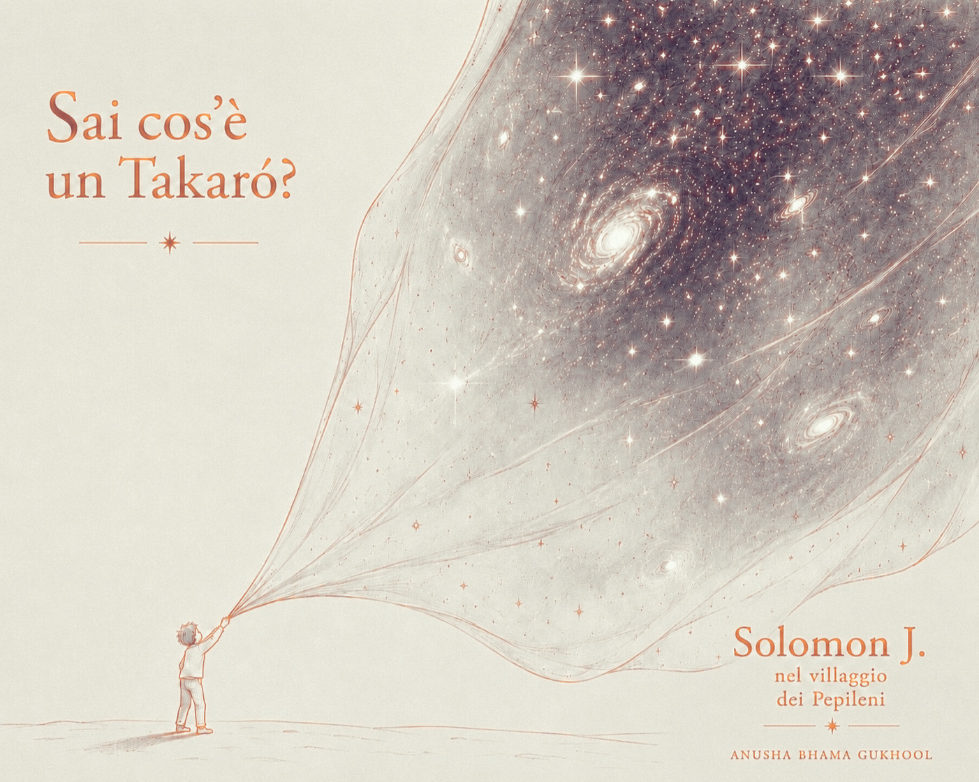 Illustrazione del Takaró: un bambino tiene un mantello di stelle e galassie