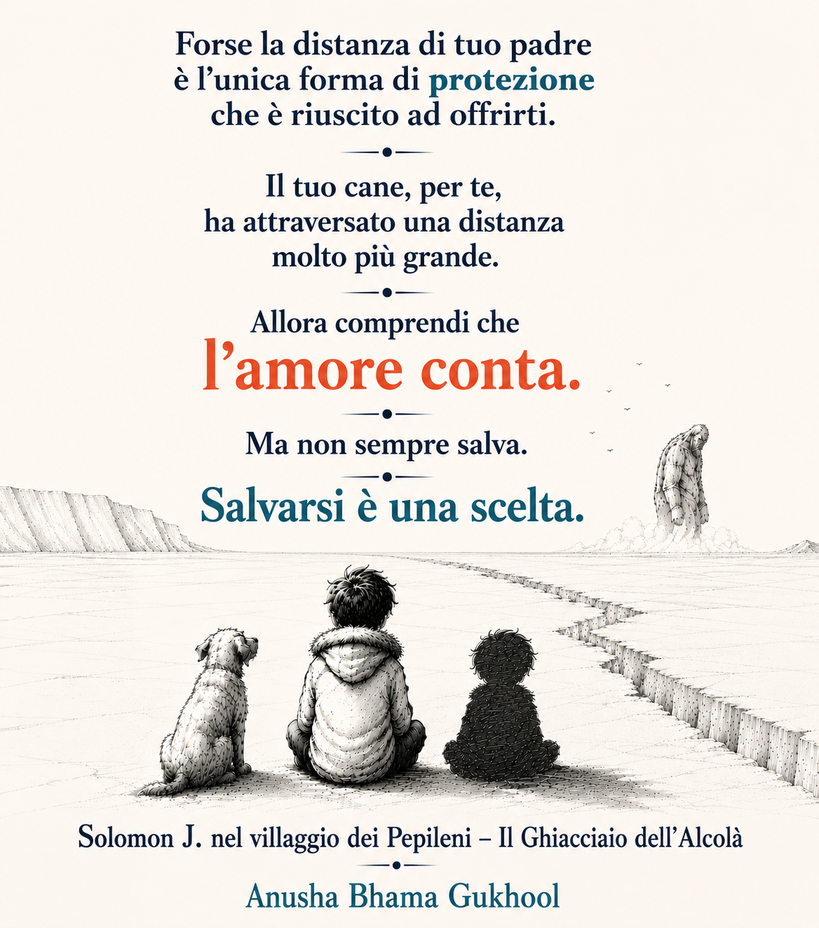 Bambino, cane e ombra seduti davanti a un paesaggio spezzato, Salvarsi è una scelta