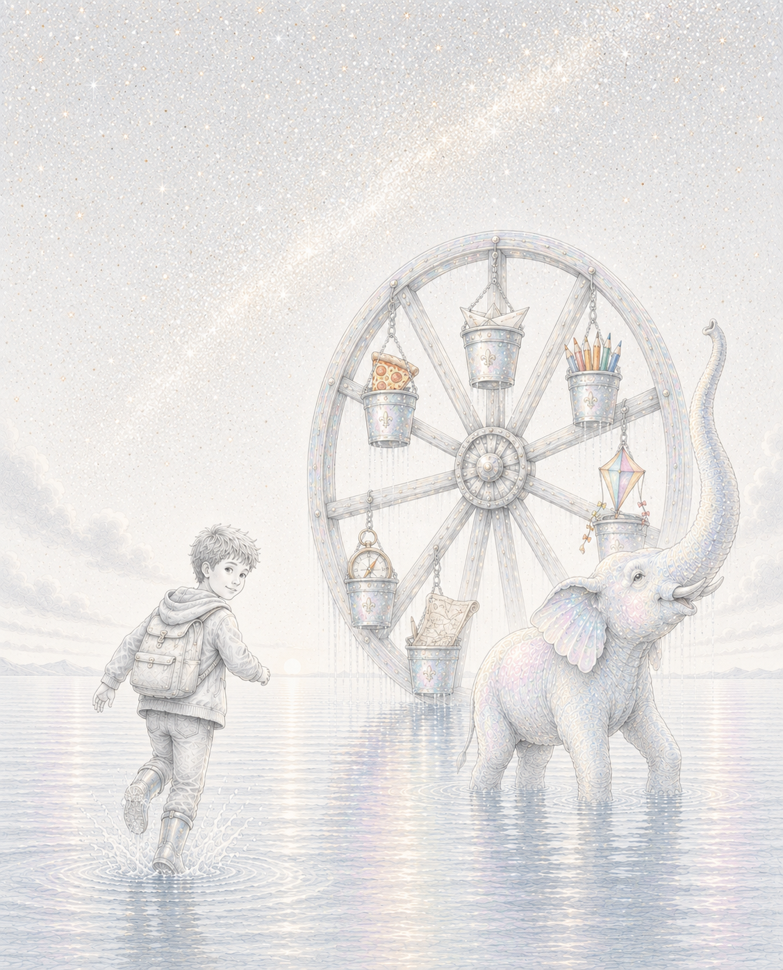 Un bambino corre nell'acqua accanto a un elefante e a una grande ruota con secchielli sospesi